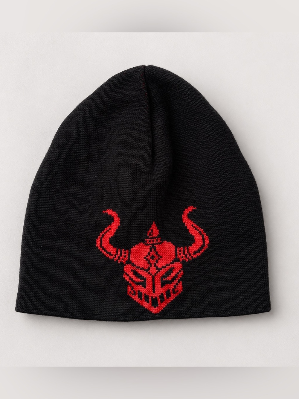 Reversible Black Red Knit Beanie Medieval Horned Helmet Logo Winter Hat